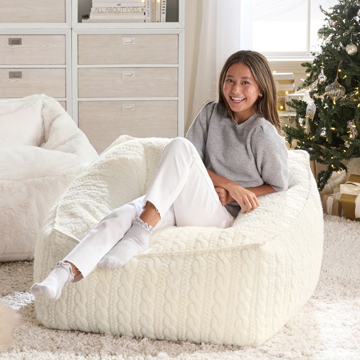 Large Cable Faux Fur Ivory Bean Bag Lounger | Pottery Barn Teen