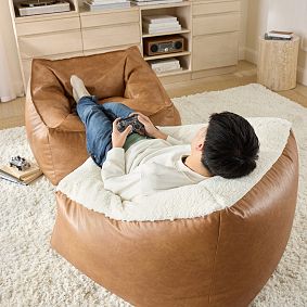 Large Faux Leather Caramel &amp; Sherpa Ivory Modern Bean Bag Lounger