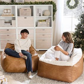 Large Faux Leather Caramel &amp; Sherpa Ivory Modern Bean Bag Lounger