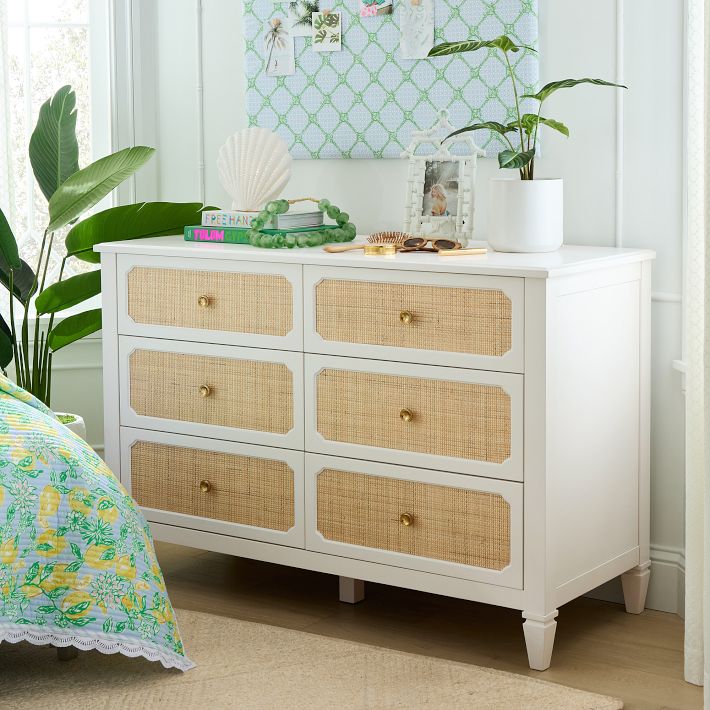 cane dresser Boho Rattan Cabinet Bedroom Set Light Oak drawers accented with woven rattan woven rattan cane fronts for the perfect organic Auburn 6 Drawer Caned Dresser,