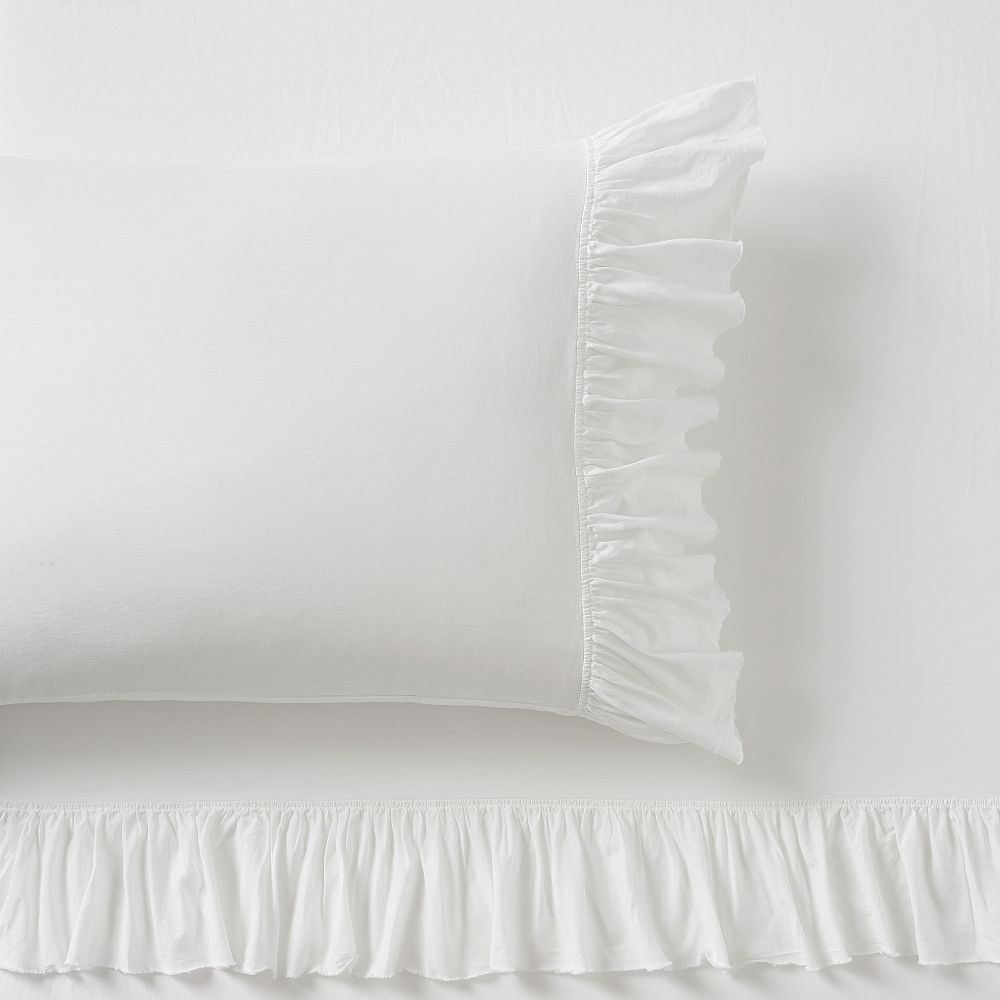 Washed Cotton Ruffle Organic Sheet Set - Queen, White