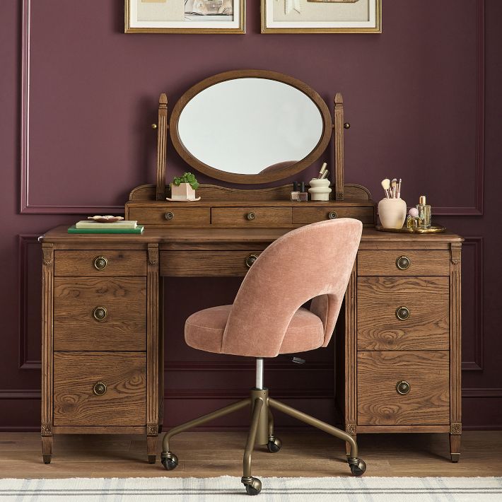 JULIE VANITY DESK　 Chris Loves Julia Aged Oak Smart Vanity Desk | Pottery Barn Teen