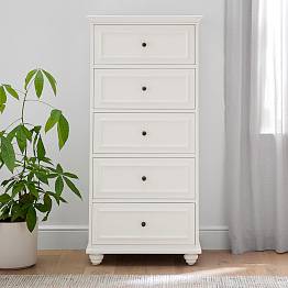 skinny tall white dresser Milk Street Cameo Chest / 5-Drawer – Dream A Little Dream making your space look neater and brighter Blaire Small Space Chest of