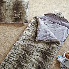 Faux Fur Sleeping Bag W/ Hood, Gray Ombre