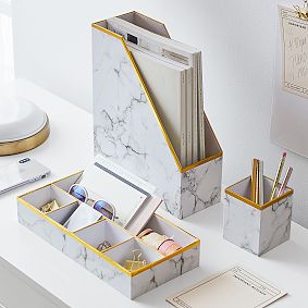 Paper Desk Accessories, Set of 3, White Marble