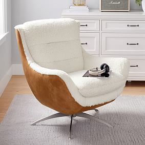Sherpa Ivory + Faux Leather Caramel Lennon Lounge Chair