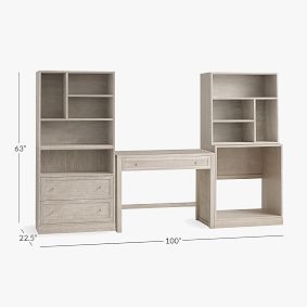 Stack Me Up Desk &amp; Bookcase with Mixed Shelves, Drawers and Fridge Storage Set (100")