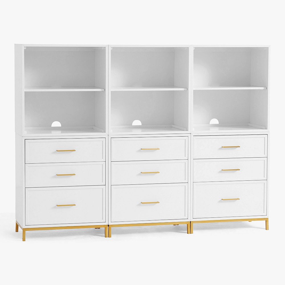 Blaire Triple Tall Bookcase With Mixed Cubbies and Drawers, Bleached Bone
