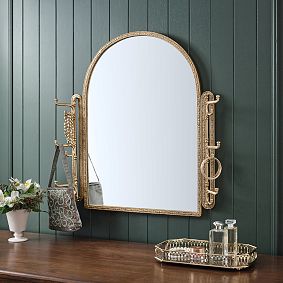 Leighton Arched Brass Mirror with Hooks (21"x 25")