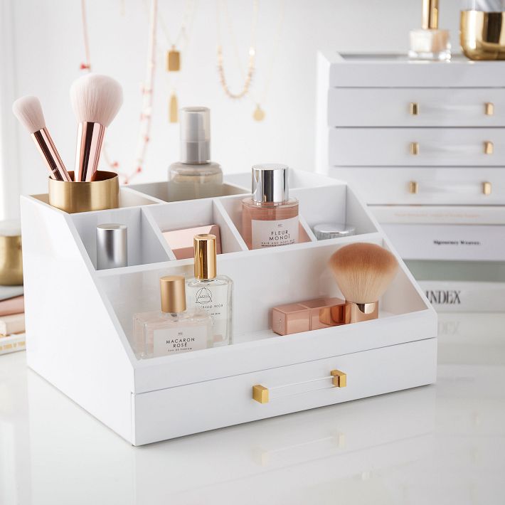 Elle Lacquer Makeup Organizer, White/Gold