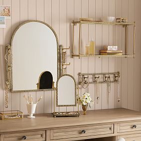 Leighton Arched Brass Mirror with Hooks (21"x 25")