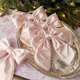 LoveShackFancy Satin Bow Ornaments with Pearl Trim, Set of 4