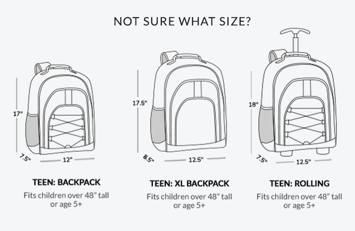 Not Sure What Size? Backpack, XL Backpack, Rolling.