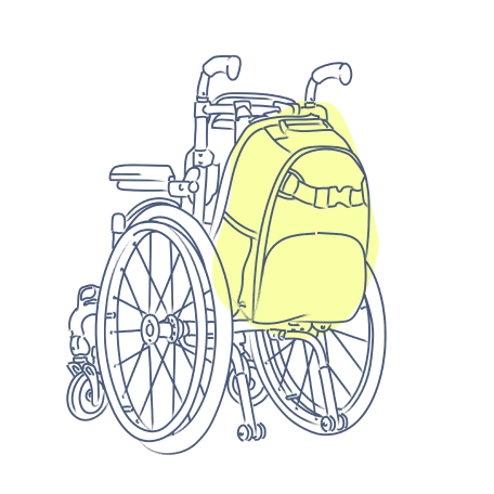 Three sketches are shown side by side depicting how the same Pottery Barn Teen Gear-Up Adaptive Backpack can be attached to all the most common assistive devices, including a walker and various wheelchairs.