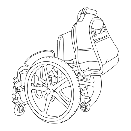 Three sketches are shown side by side depicting how the same Pottery Barn Teen Gear-Up Adaptive Backpack can be attached to all the most common assistive devices, including a walker and various wheelchairs.