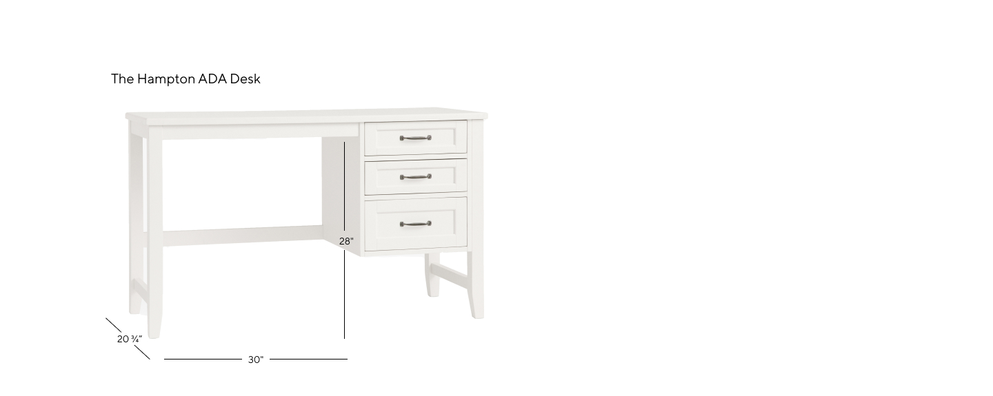 Image shows Pottery Barn Teen Hampton Desk - ADA with annotated measurements.