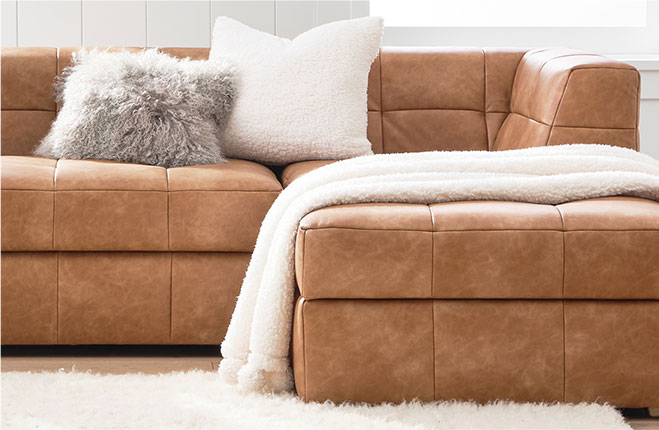 Vegan Leather Caramel on the Baldwin Storage Sectional Set